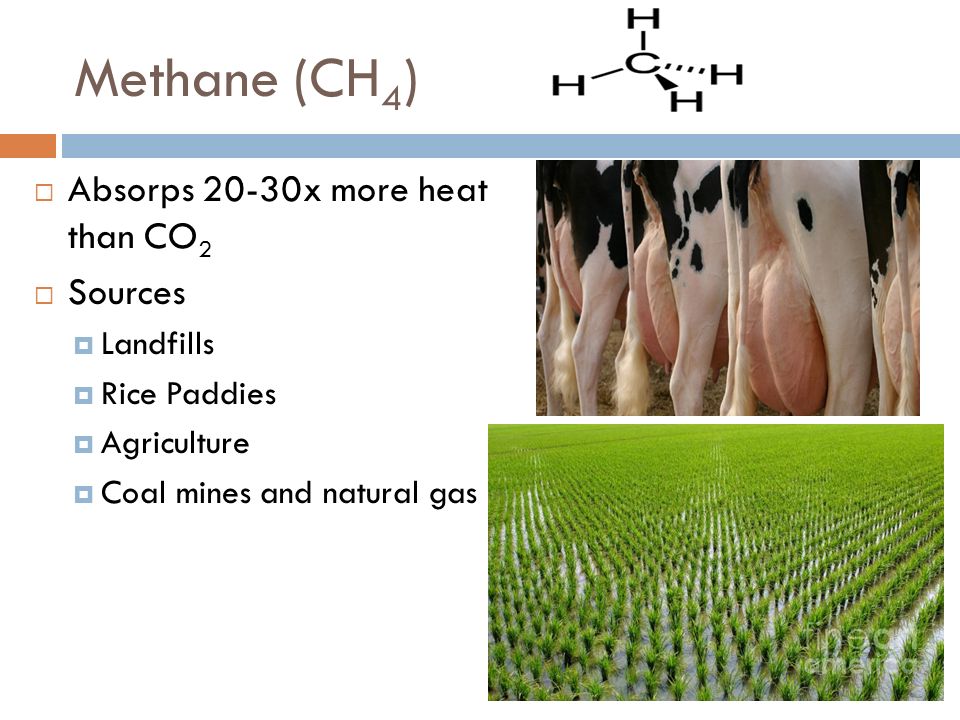 Methane (CH4) Absorps 20-30x more heat than CO2 Sources Landfills