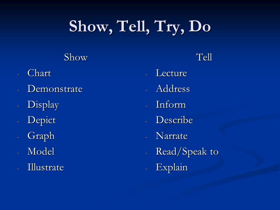 Show, Tell, Try, Do Show Chart Demonstrate Display Depict Graph Model