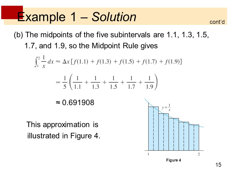 Example 1 – Solution cont’d. (b) The midpoints of the five subintervals are 1.1, 1.3, 1.5, 1.7, and 1.9, so the Midpoint Rule gives.