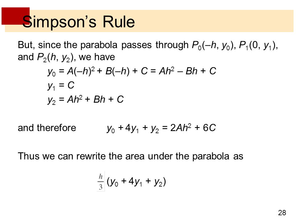 Simpson’s Rule But, since the parabola passes through P0(–h, y0), P1(0, y1), and P2(h, y2), we have.