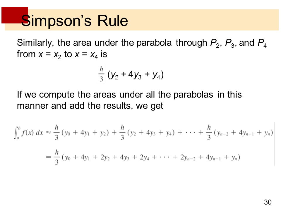 Simpson’s Rule Similarly, the area under the parabola through P2, P3, and P4 from x = x2 to x = x4 is.