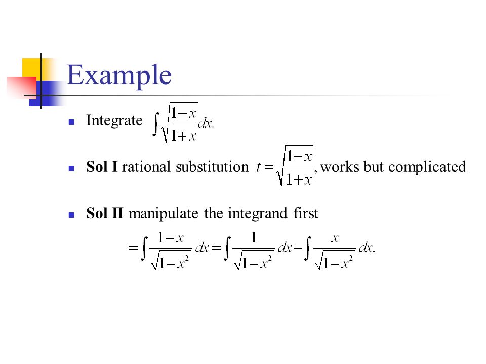Example Integrate Sol I rational substitution works but complicated