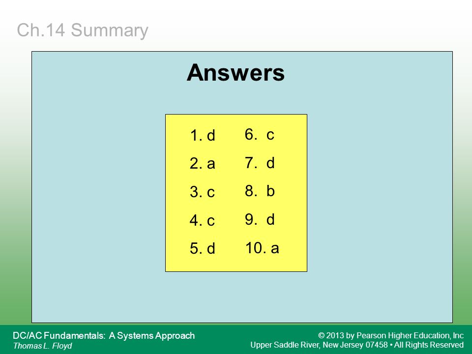 Answers Ch.14 Summary 1. d 2. a 6. c 3. c 7. d 4. c 8. b 5. d 9. d