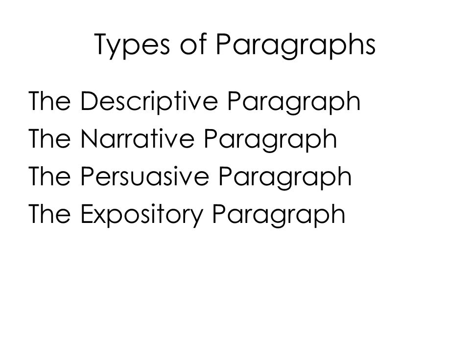 Types of Paragraphs The Descriptive Paragraph The Narrative Paragraph The Persuasive Paragraph The Expository Paragraph