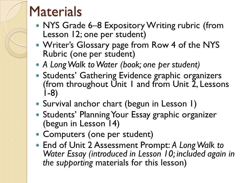 Materials NYS Grade 6–8 Expository Writing rubric (from Lesson 12; one per student)