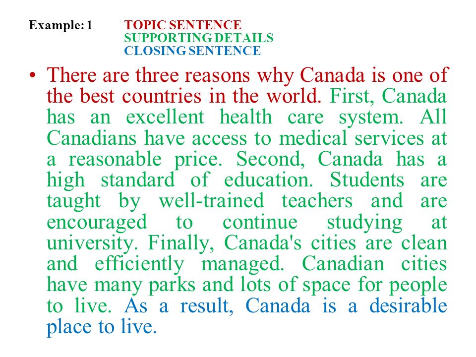 Example: 1 TOPIC SENTENCE SUPPORTING DETAILS CLOSING SENTENCE