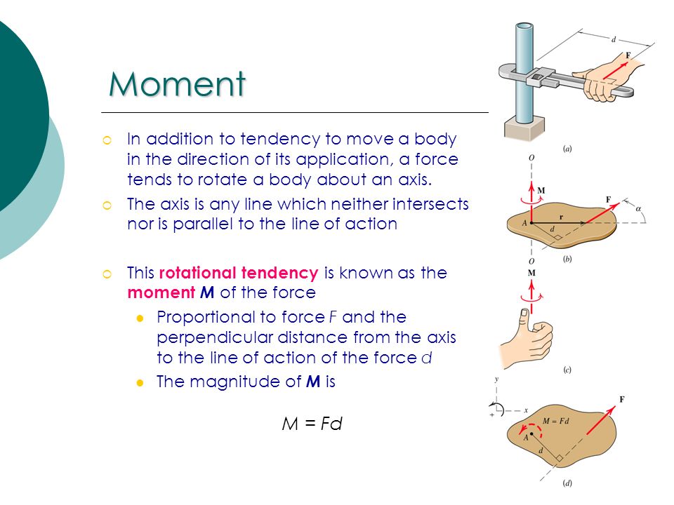 Moment In addition to tendency to move a body in the direction of its application, a force tends to rotate a body about an axis.