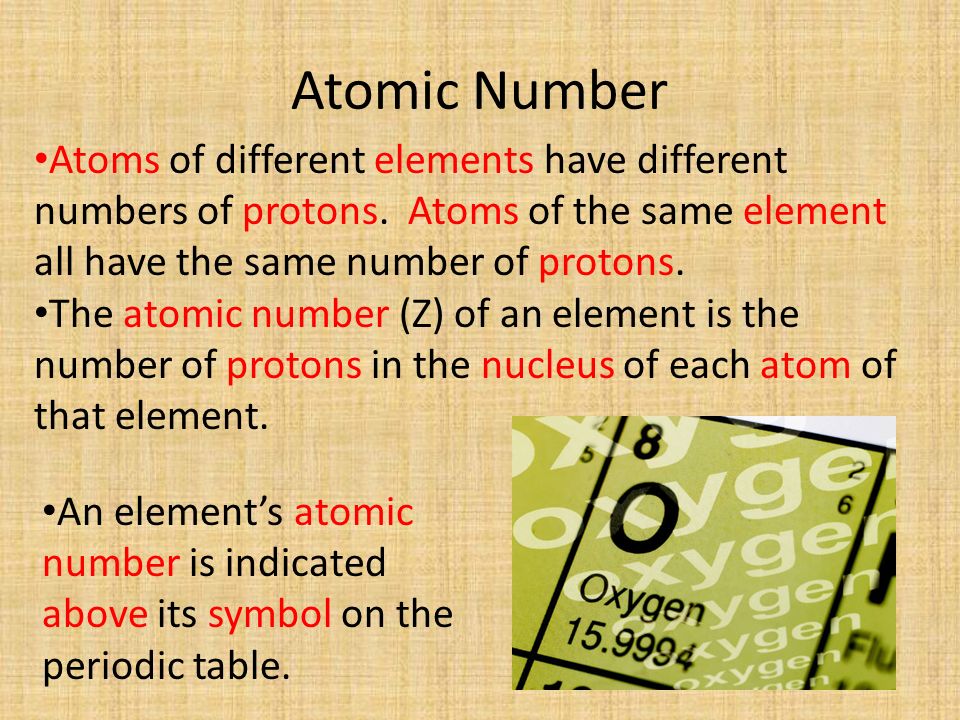 Atomic Number Atoms of different elements have different numbers of protons. Atoms of the same element all have the same number of protons.