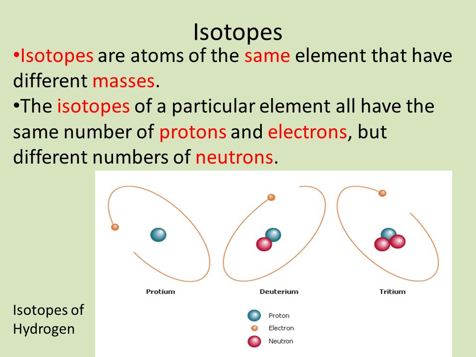 Isotopes Isotopes are atoms of the same element that have different masses.