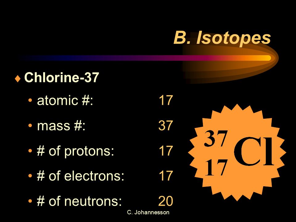 B. Isotopes Chlorine-37 atomic #: mass #: # of protons: