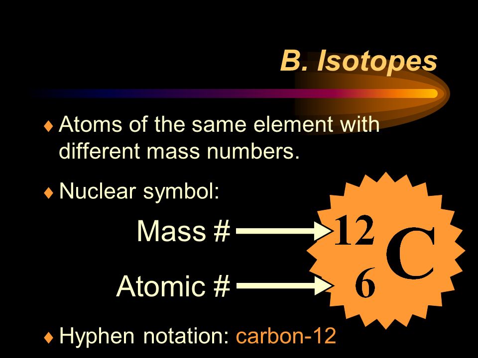 B. Isotopes Mass # Atomic #