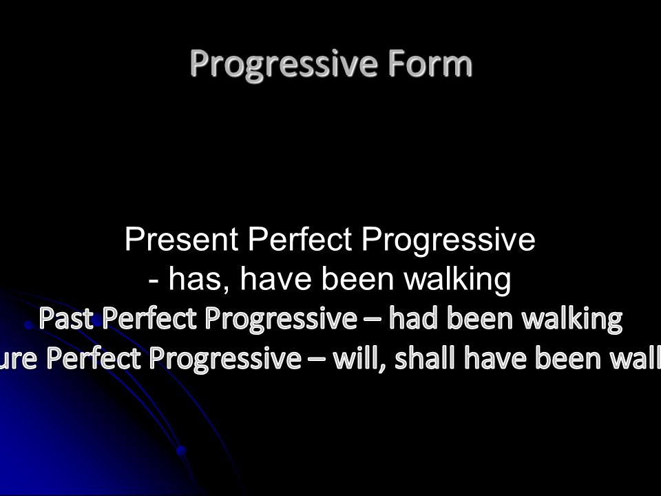 Progressive Form Present Perfect Progressive - has, have been walking