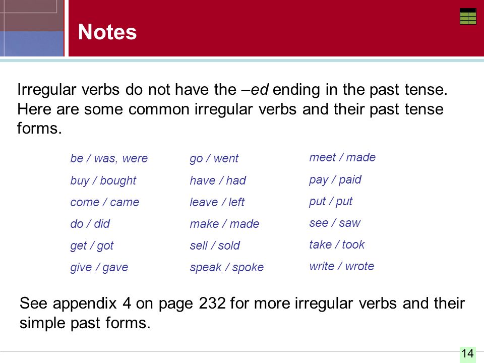 Notes Irregular verbs do not have the –ed ending in the past tense. Here are some common irregular verbs and their past tense forms.