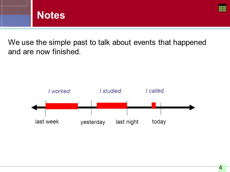 Notes We use the simple past to talk about events that happened and are now finished. I worked. I studied.