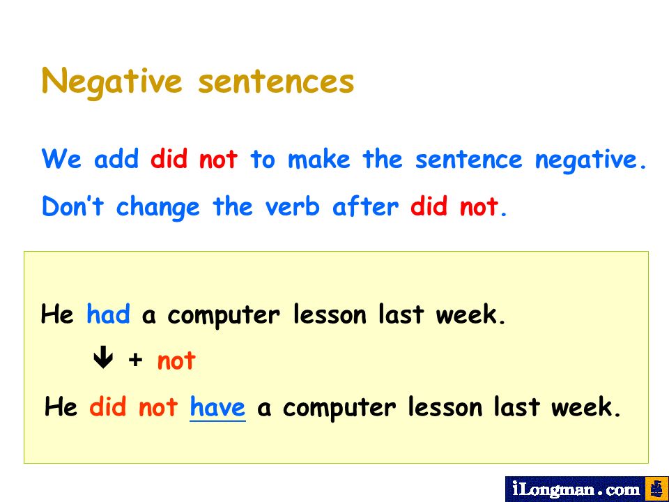 Negative sentences We add did not to make the sentence negative.