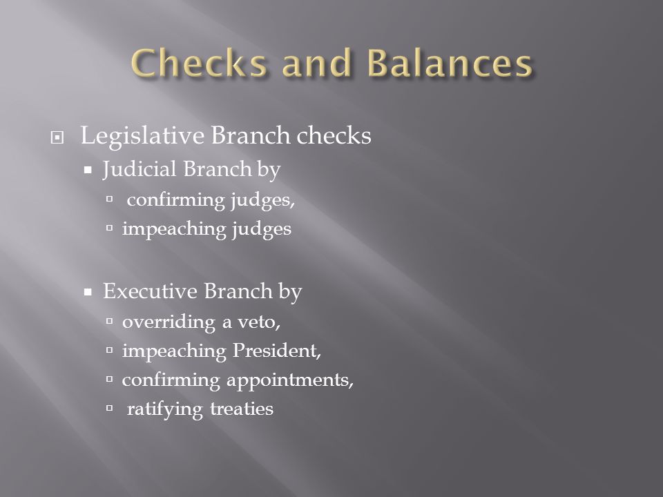 Checks and Balances Legislative Branch checks Judicial Branch by