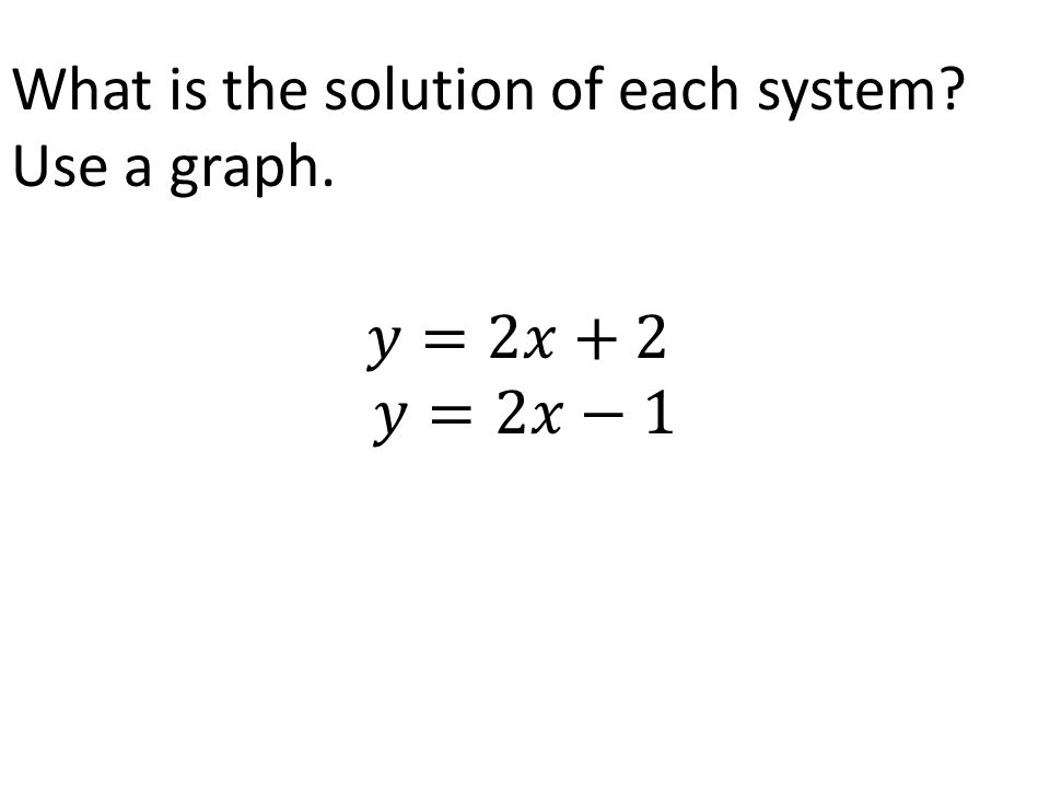 What is the solution of each system Use a graph. 𝑦=2𝑥+2 𝑦=2𝑥−1