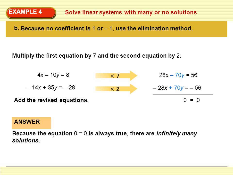 EXAMPLE 4 Solve linear systems with many or no solutions. b. Because no coefficient is 1 or – 1, use the elimination method.