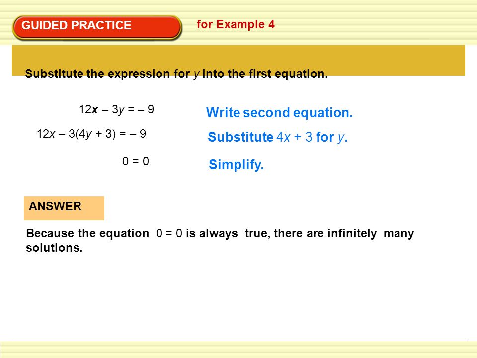 Write second equation. Substitute 4x + 3 for y. Simplify.
