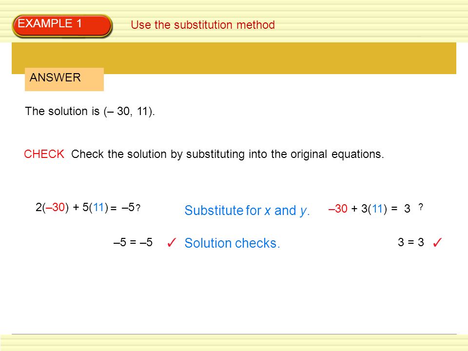 Substitute for x and y. Solution checks. EXAMPLE 1
