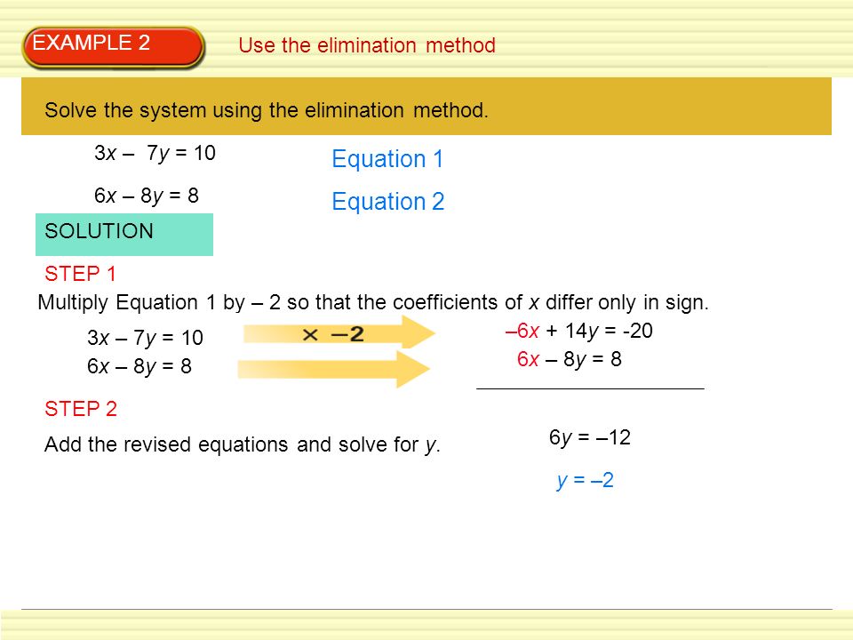 Equation 1 Equation 2 EXAMPLE 2 Use the elimination method