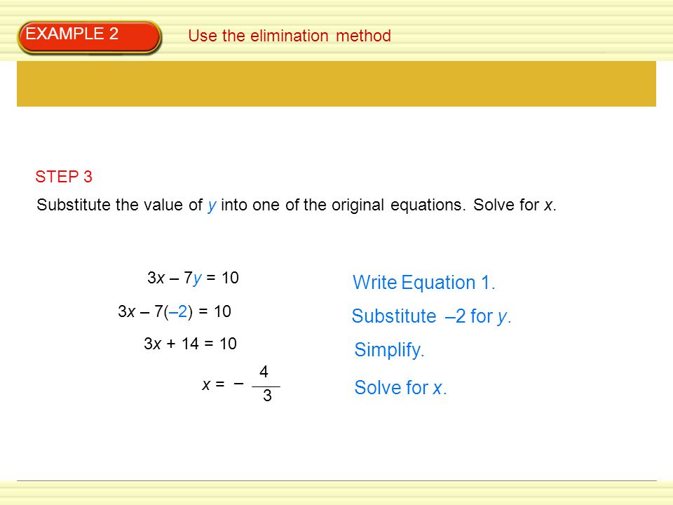 Write Equation 1. Substitute –2 for y. Simplify. Solve for x.