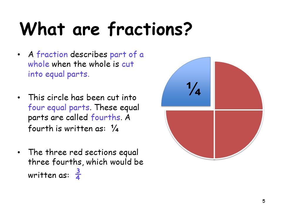What are fractions A fraction describes part of a whole when the whole is cut into equal parts.