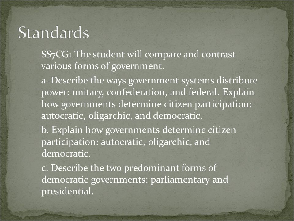 Standards SS7CG1 The student will compare and contrast various forms of government.