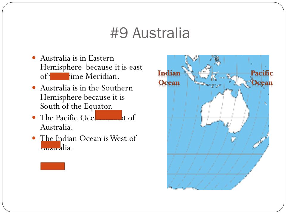 #9 Australia Australia is in Eastern Hemisphere because it is east of the Prime Meridian.