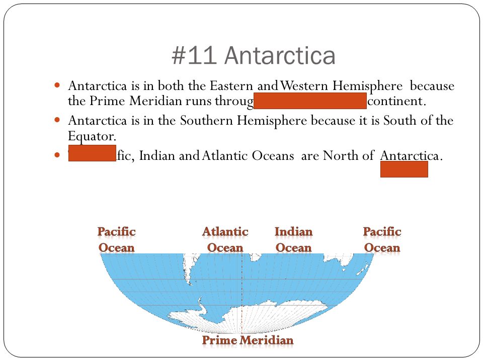 #11 Antarctica Antarctica is in both the Eastern and Western Hemisphere because the Prime Meridian runs through the middle of the continent.