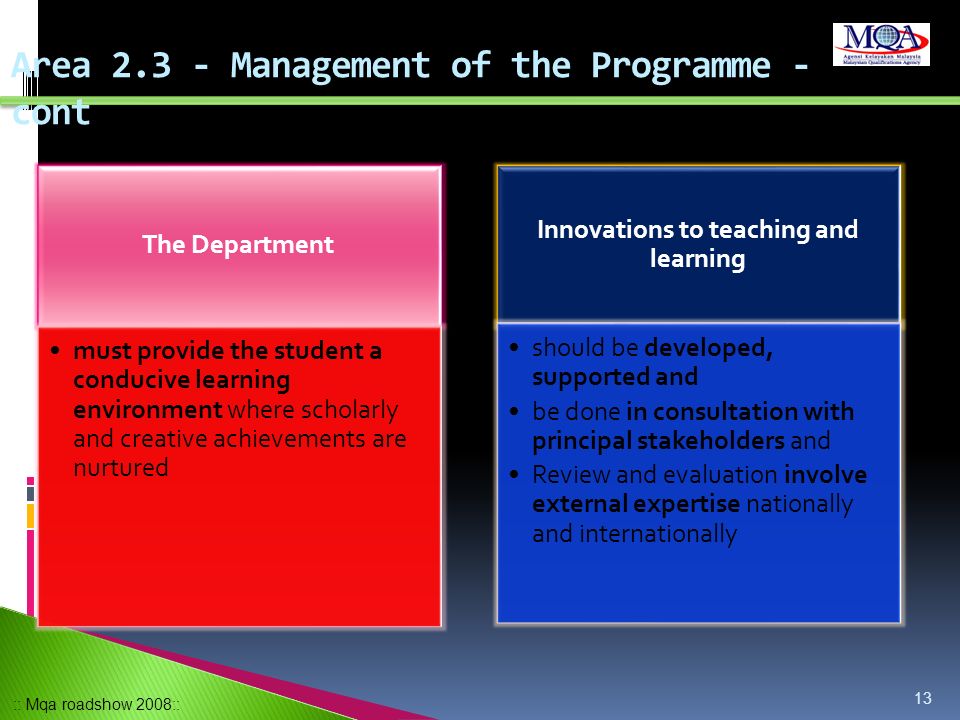Area Management of the Programme - cont