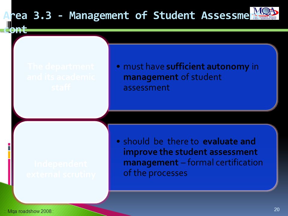 Area Management of Student Assessment - cont