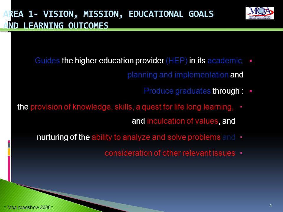AREA 1- VISION, MISSION, EDUCATIONAL GOALS AND LEARNING OUTCOMES