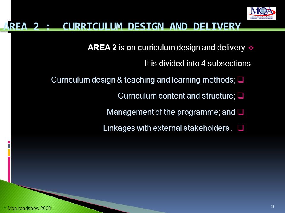 AREA 2 : CURRICULUM DESIGN AND DELIVERY
