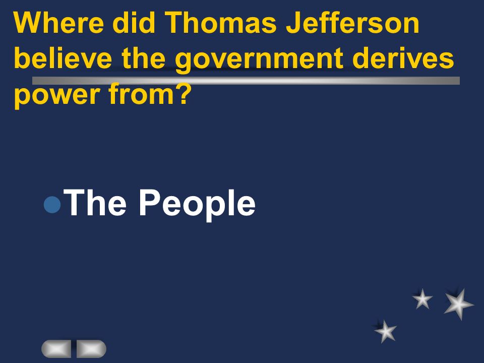 Where did Thomas Jefferson believe the government derives power from