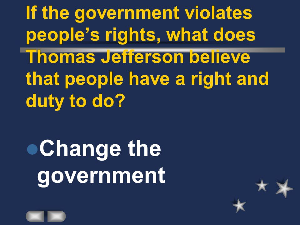 If the government violates people’s rights, what does Thomas Jefferson believe that people have a right and duty to do