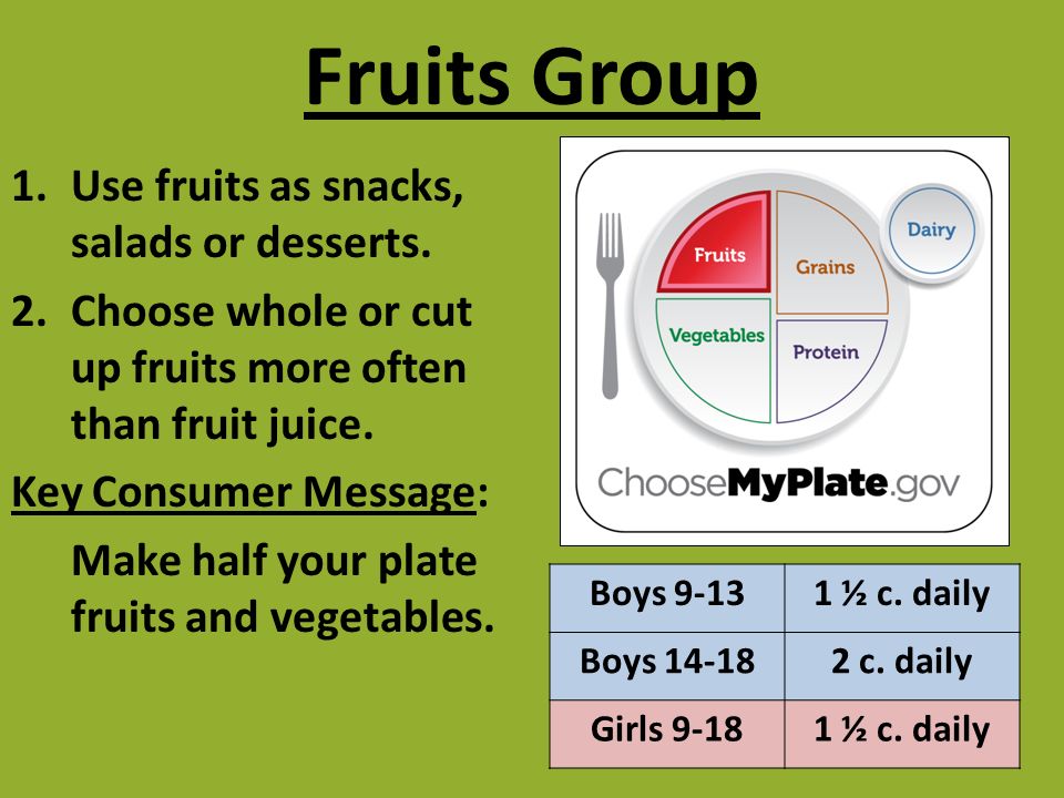 Fruits Group Use fruits as snacks, salads or desserts.