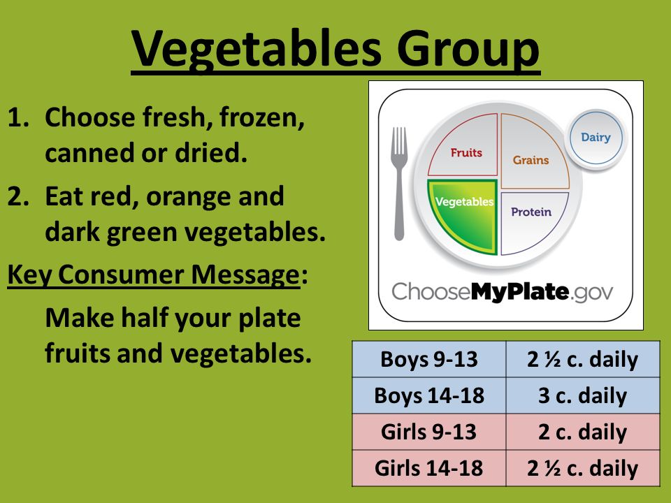Vegetables Group Choose fresh, frozen, canned or dried.