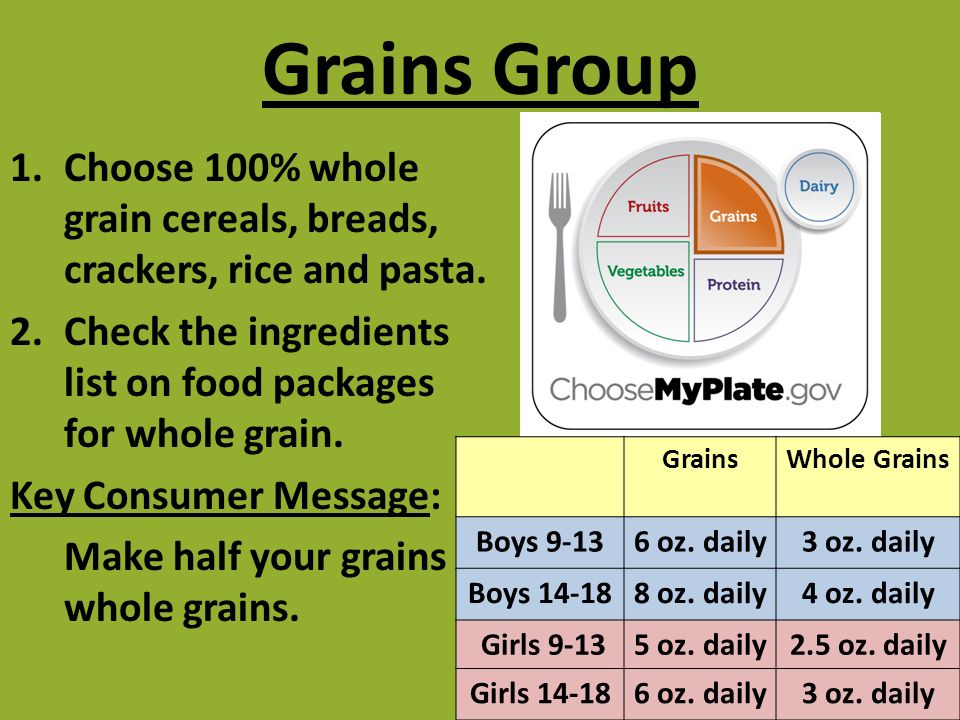 Grains Group Choose 100% whole grain cereals, breads, crackers, rice and pasta. Check the ingredients list on food packages for whole grain.