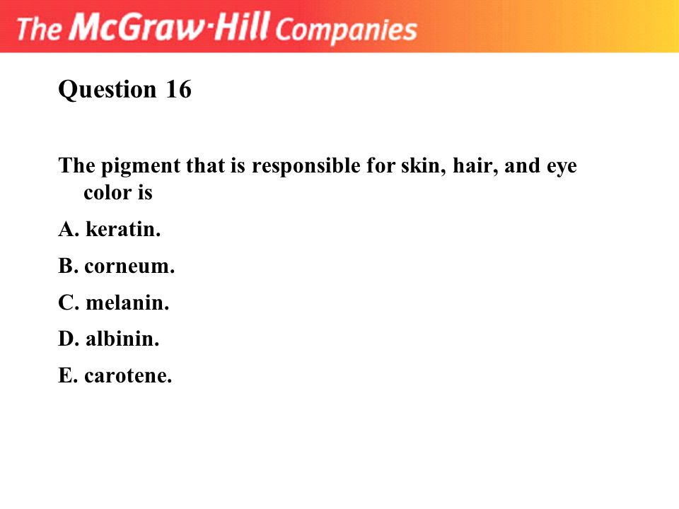 Question 16 The pigment that is responsible for skin, hair, and eye color is. A. keratin. B. corneum.