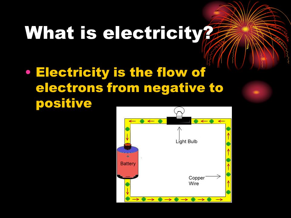 What is electricity Electricity is the flow of electrons from negative to positive