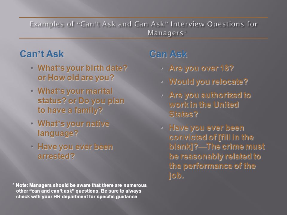 Examples of Can’t Ask and Can Ask Interview Questions for Managers*