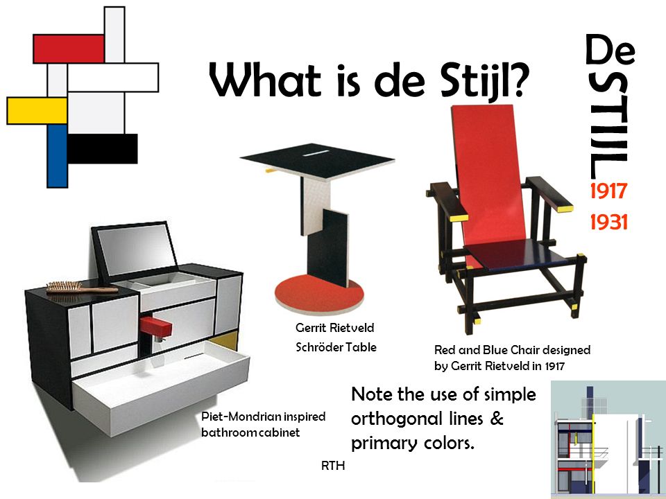 What is de Stijl Gerrit Rietveld Schröder Table. Red and Blue Chair designed by Gerrit Rietveld in