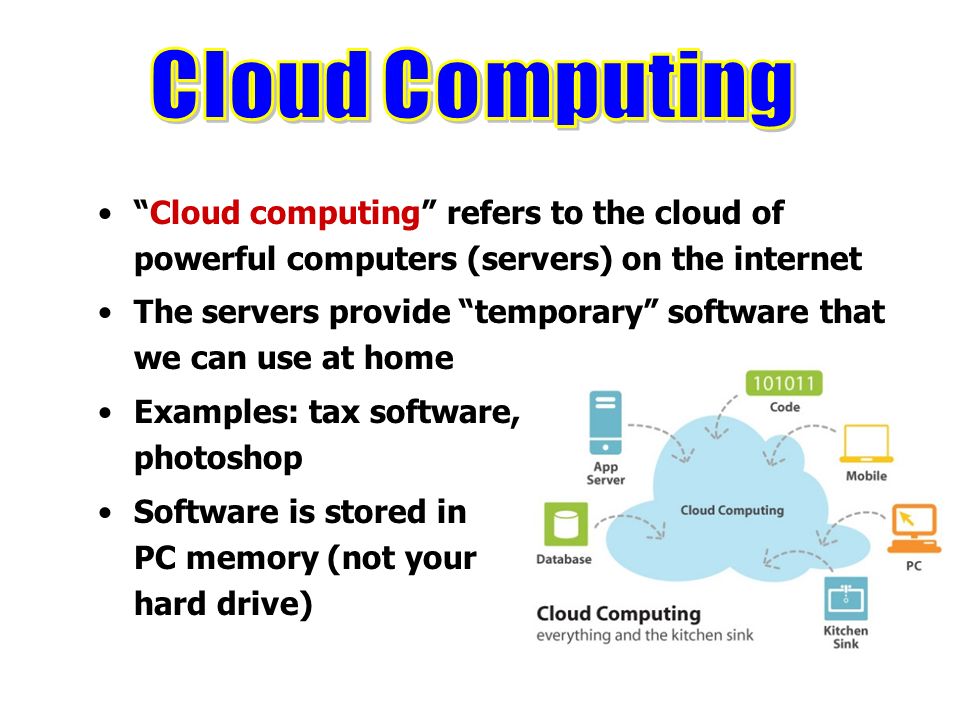 Cloud Computing Cloud computing refers to the cloud of powerful computers (servers) on the internet.