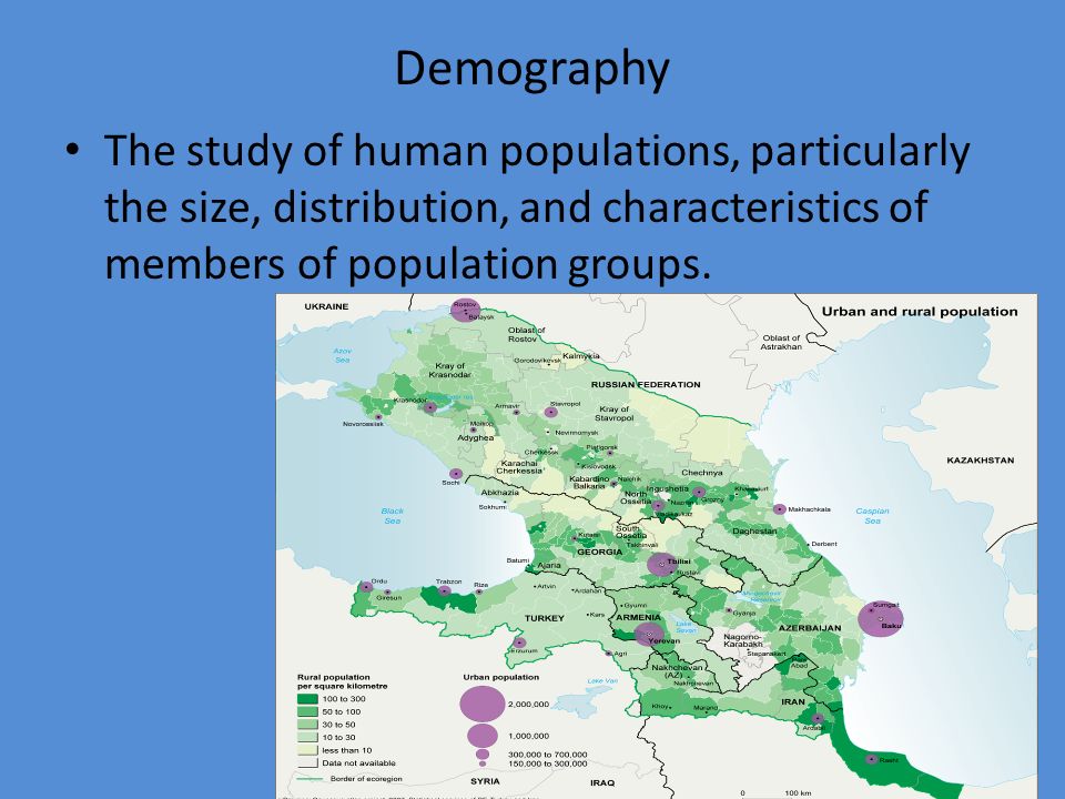 Demography The study of human populations, particularly the size, distribution, and characteristics of members of population groups.
