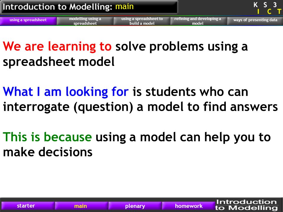 We are learning to solve problems using a spreadsheet model