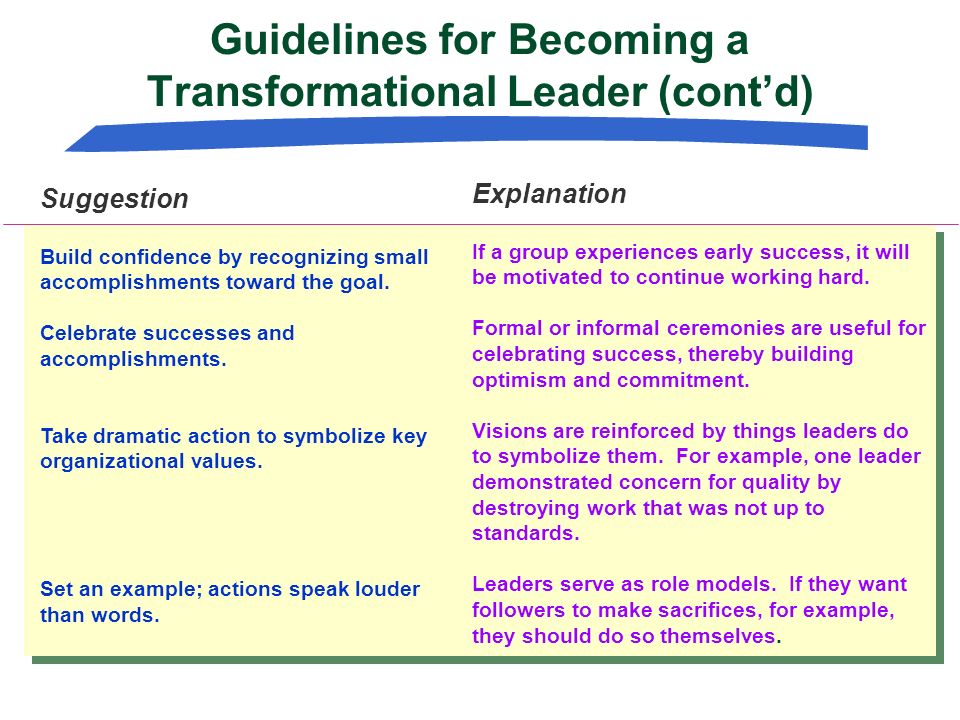 Guidelines for Becoming a Transformational Leader (cont’d)