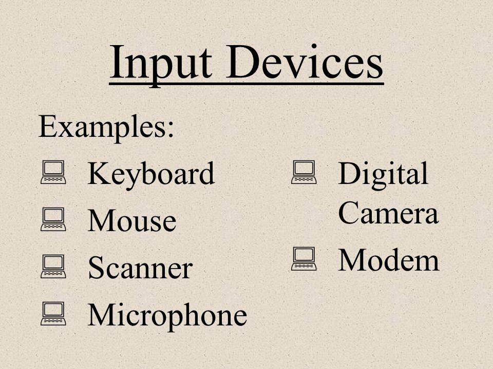 Examples: Keyboard Mouse Scanner Microphone
