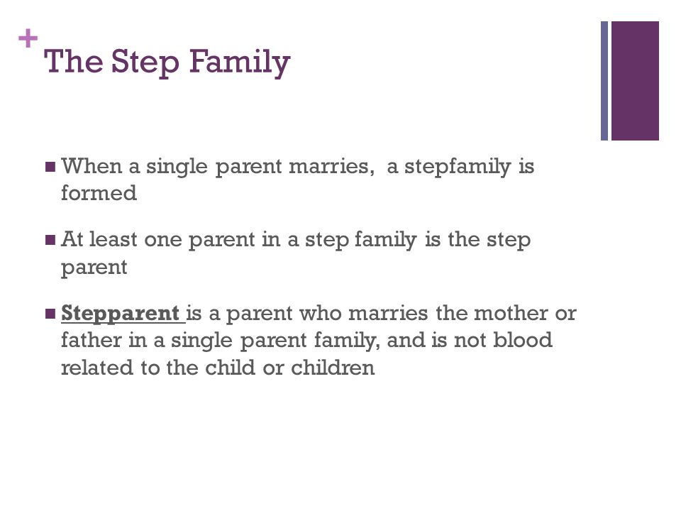 The Step Family When a single parent marries, a stepfamily is formed