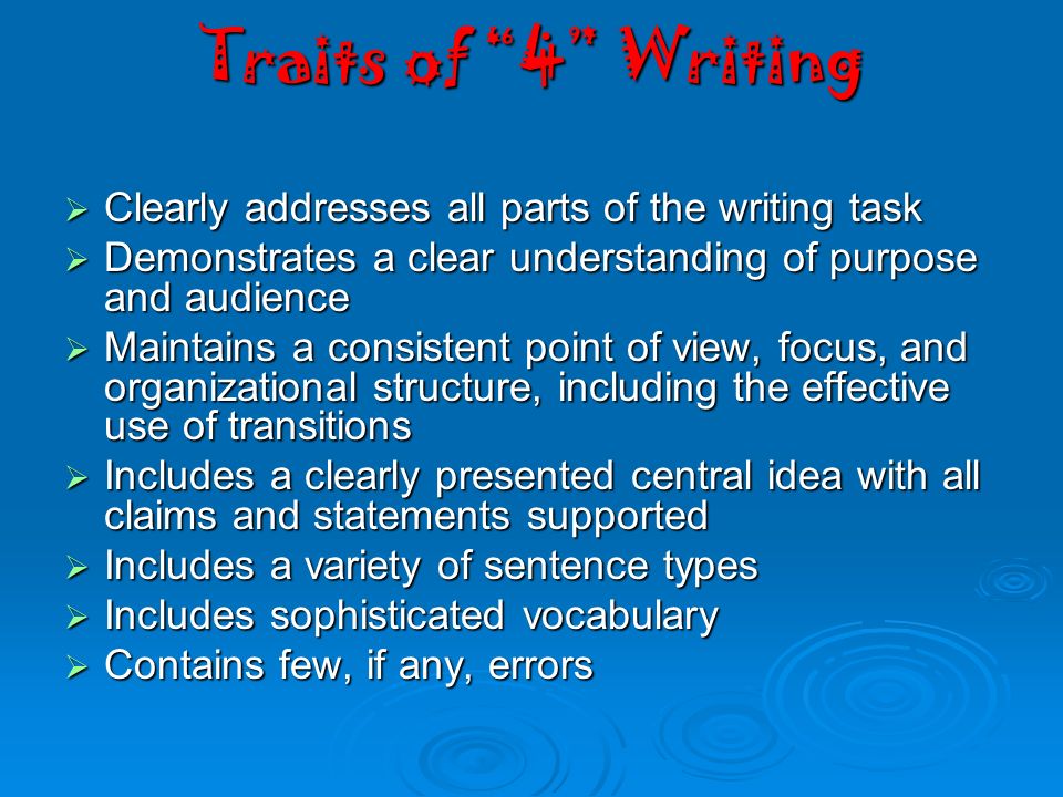 Traits of 4 Writing Clearly addresses all parts of the writing task